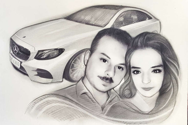 caricature with vehicle (pencil)