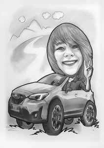 caricature with vehicle (pencil)