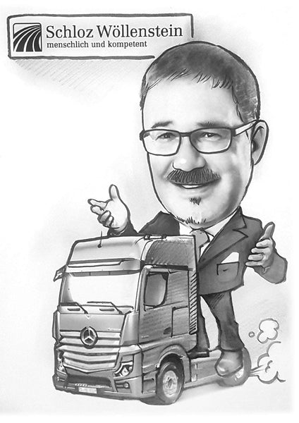 caricature with vehicle (pencil)