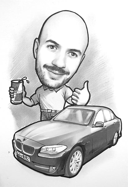 caricature with vehicle (pencil)